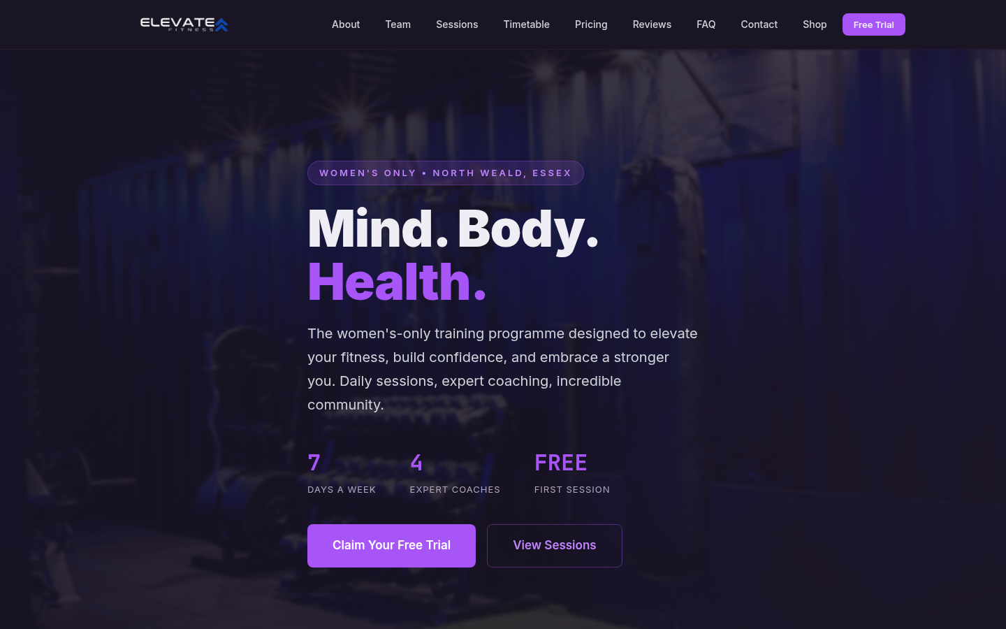 Elevate Fit new site — desktop